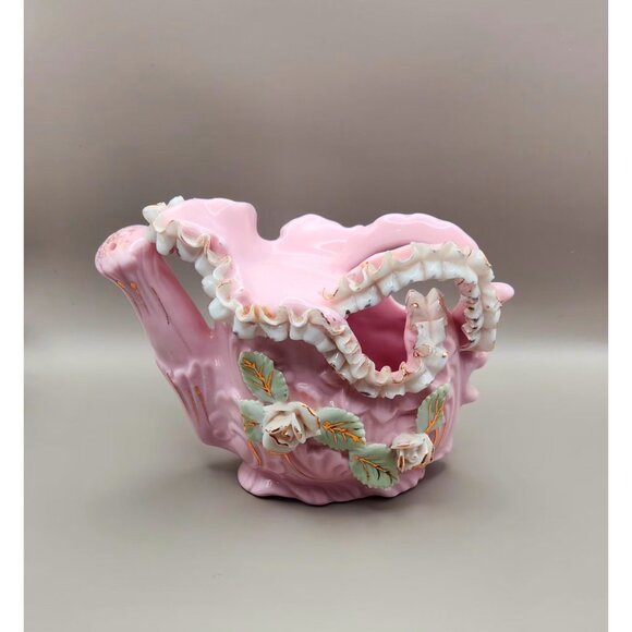 RARE - Pink China Water Pitcher - 3D Design - Floral, Leaves, Lace Stamped on Bo - Picture 4 of 7